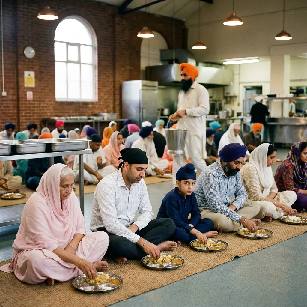 A multigenerational family sharing langar on the pangat floor