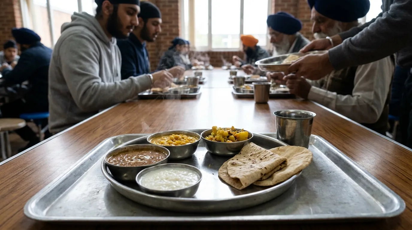 Steel langar thali with dal, sabzi, roti and kheer